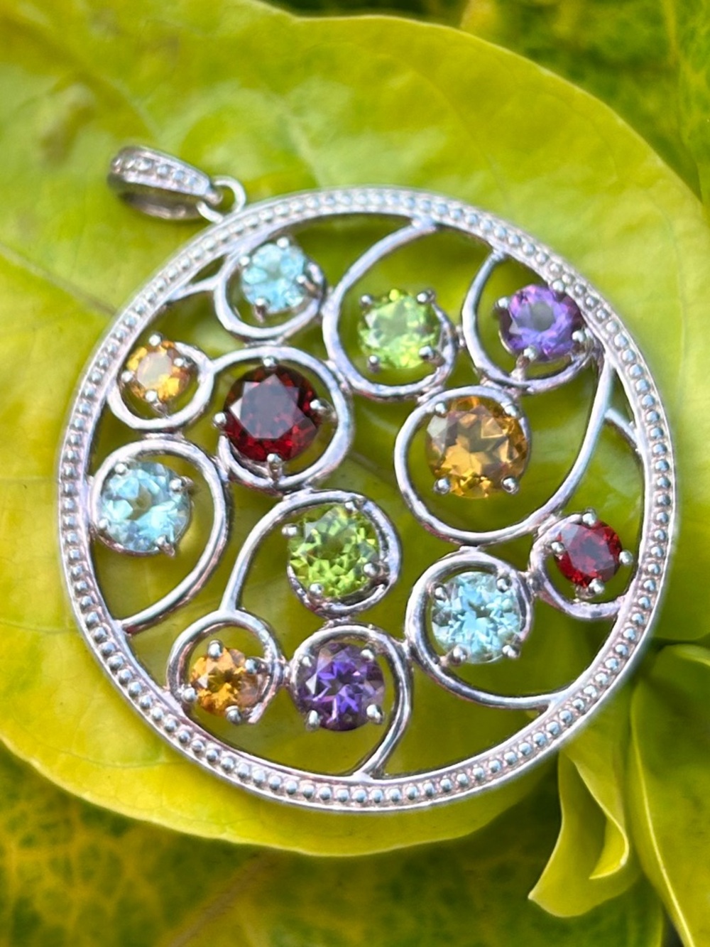 Sterling Silver multigemstone amethyst blue topaz garnet citrine peridot pendant